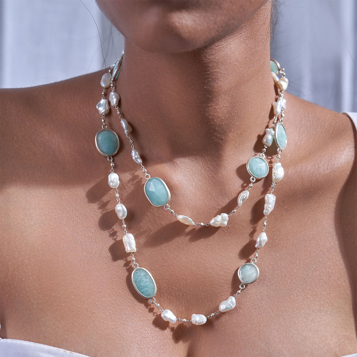 Amozonite and Baroque Pearl Mala