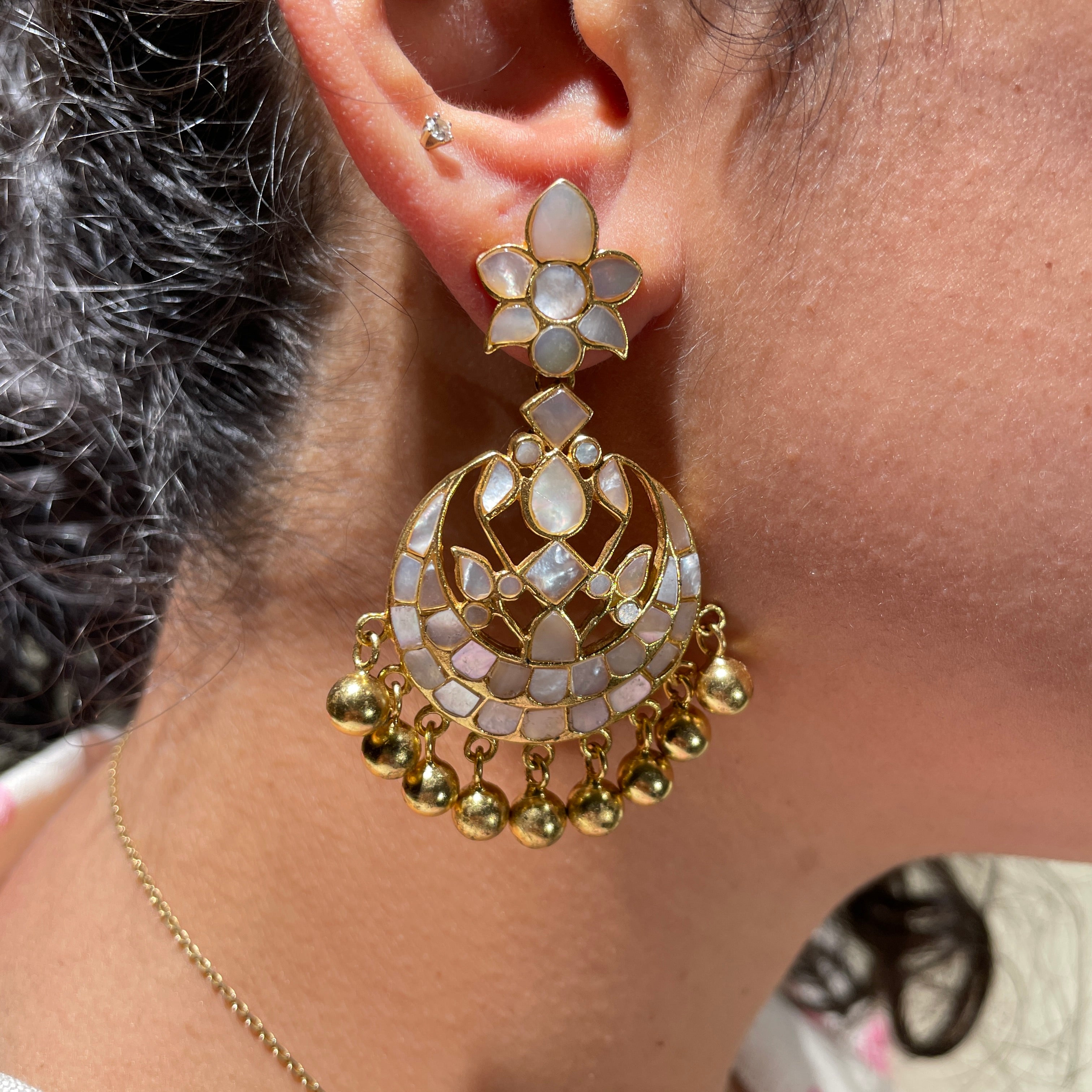 Jasmine Bali Earrings - Mother of Pearl with Gold drops