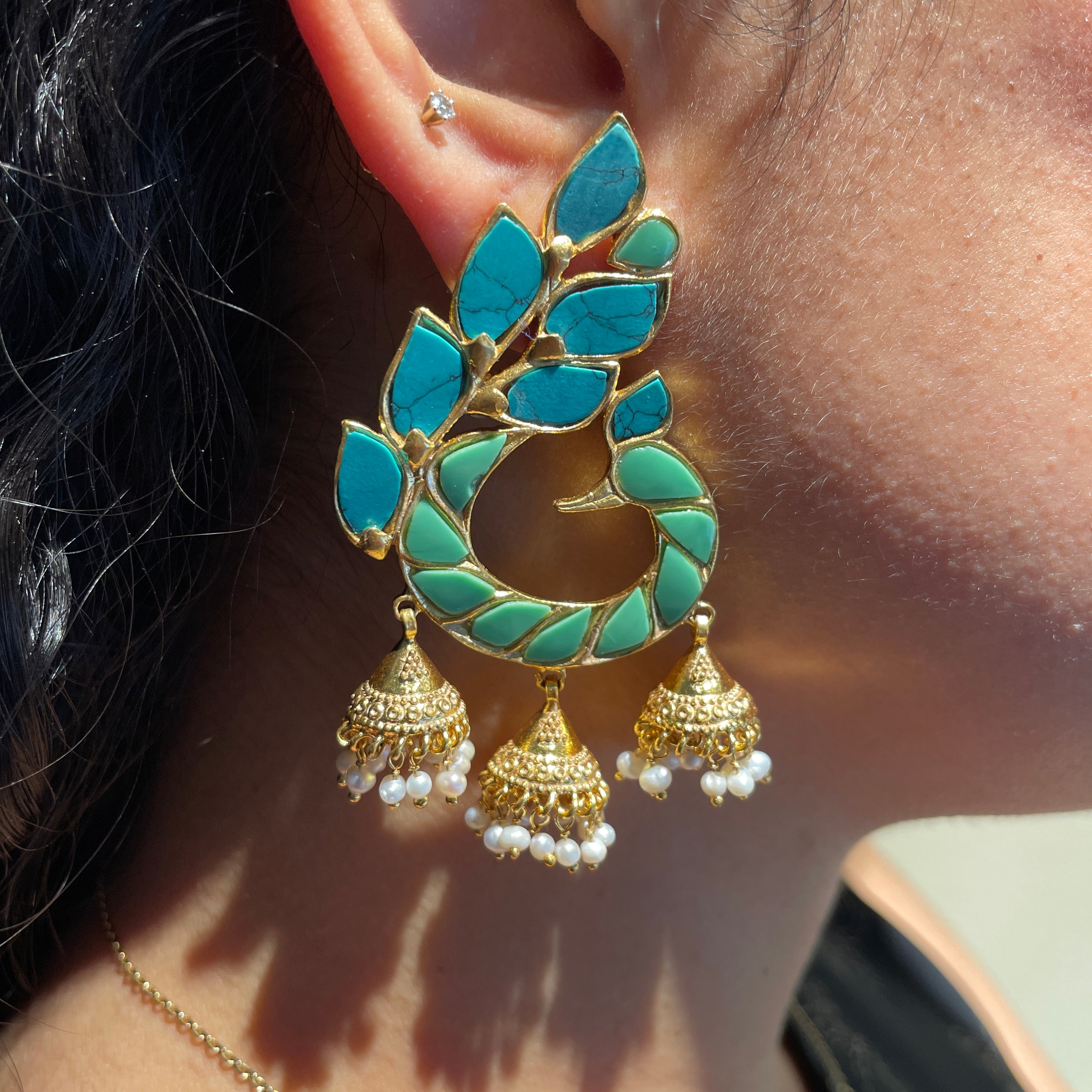 Peacock Jhumkas - Turquoise