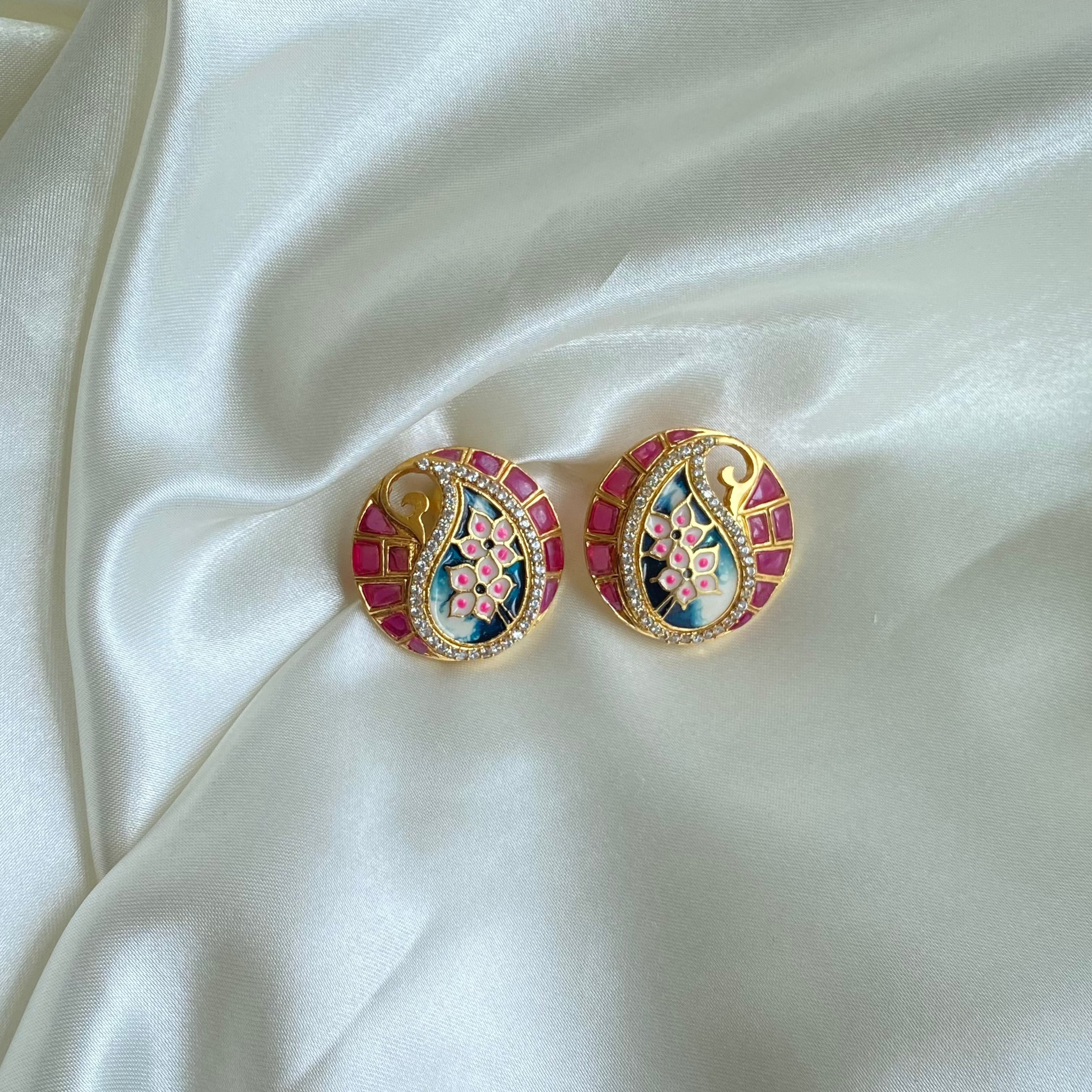 Meenakari Whirl Studs- Pink