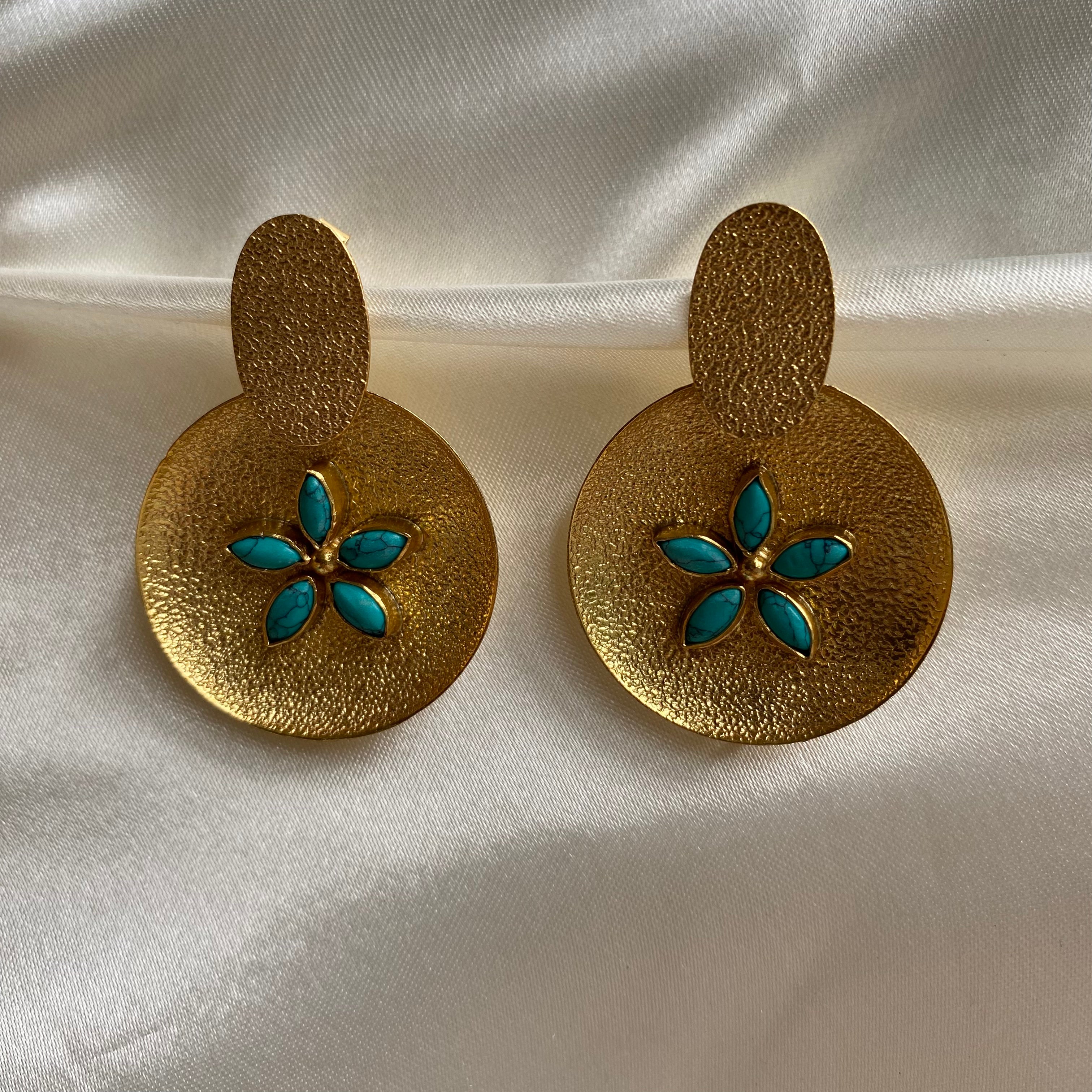 Golden Blossom Earrings - Turquoise