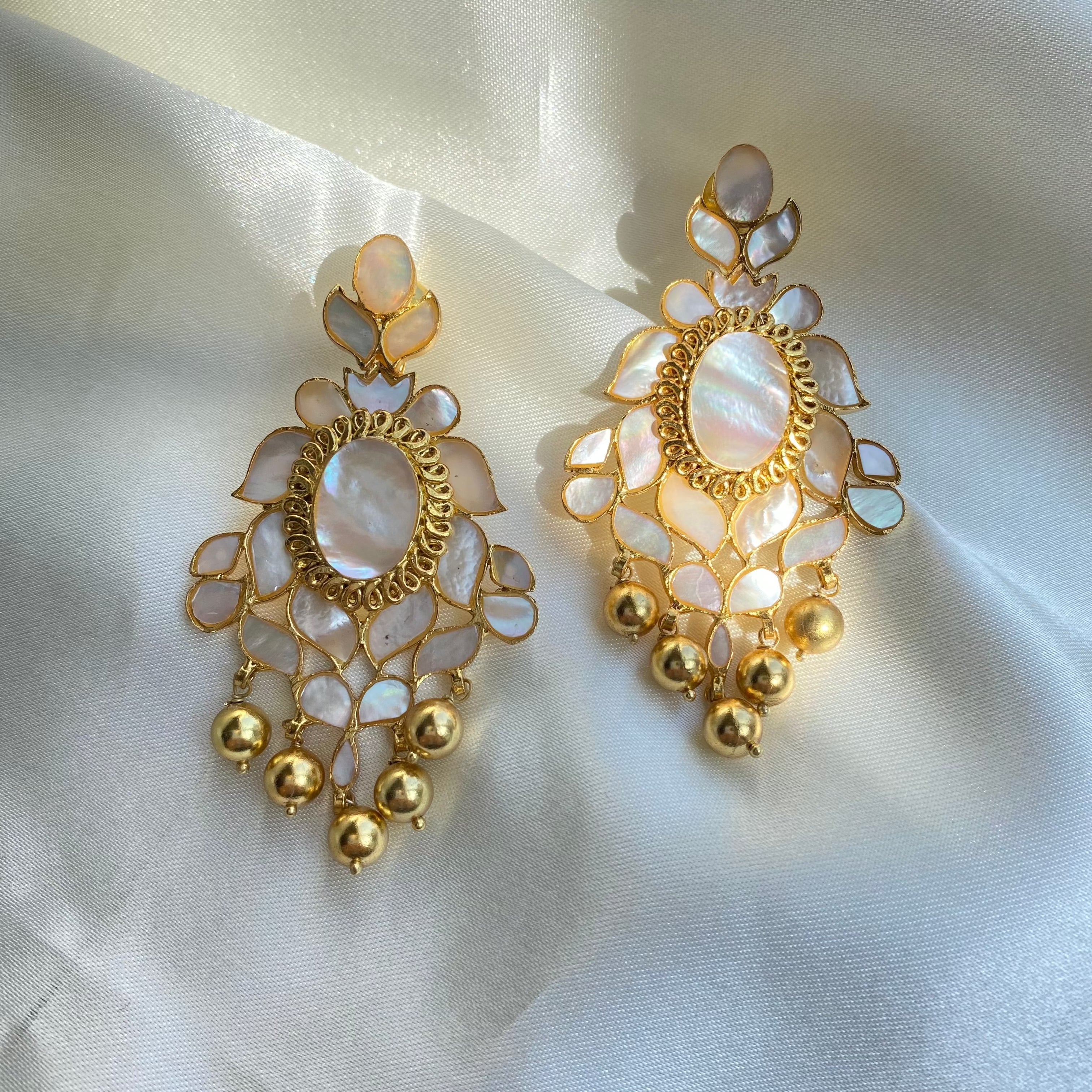 Maya Blossom Earrings - Mother of Pearl with Gold drops
